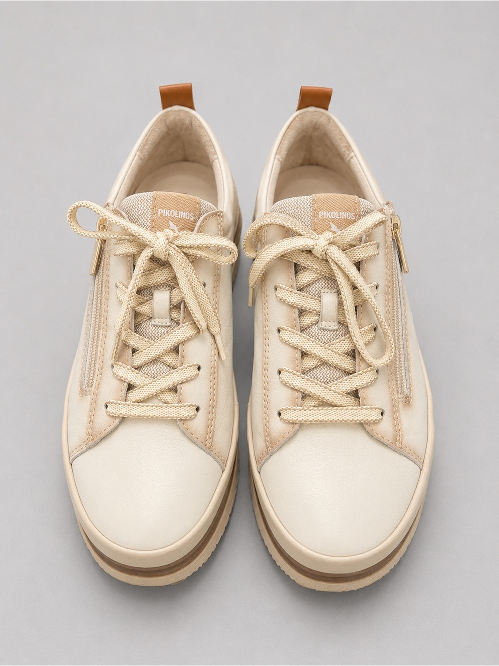 PIKOLINOS Women's Beige and Tan Leather Zip-Detail Sneakers —- WORN ONE TIME